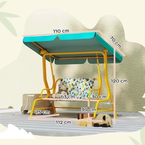 AIYAPLAY 2-osobowa dziecięca huśtawka Hollywood z regulowanym daszkiem przeciwsłonecznym pas bezpieczeństwa dla 3-6 lat do 60 kg 112x75x120cm zielony | Aosom PL