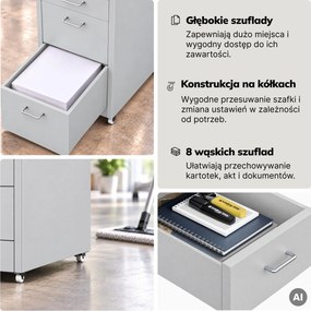 Szafka kartotekowa na kółkach, metalowa, 8 szuflad, na dokumenty, szara, 300x1100x600 mm: SARA V8