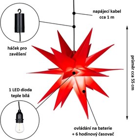 Dekoracja świąteczna - gwiazda z zegarem 1 LED, 55 cm, czer.