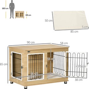 PawHut Klatka dla psów średniej wielkości Buda z poduszką Dąb 90x58x65cm | Aosom PL