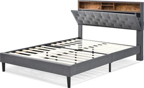 Łóżko dla dorosłych 140 x 200 cm - Zagłówek ze schowkiem i oświetleniem LED - len szary - materac w zestawie