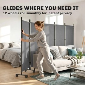 Outsunny Parawan 5-częściowy 252 x 40 cm Wolnostojący z 12 Kółkami Składany Przegroda DIY Ciemnoszary | Aosom PL