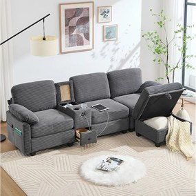 Nowoczesna sofa 3-osobowa - 266 x 136 x 82 cm - z 2 uchwytami na kubki + portem USB-C + szufladą + wyjmowanym pufem do przechowywania - aksamit - ciemnoszary