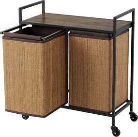 HOMCOM Kosz na pranie bambus 2 komory 120 l, pojemnik z półką, worek na pranie, na kółkach 73x33x78 cm, Brązowy | Aosom PL