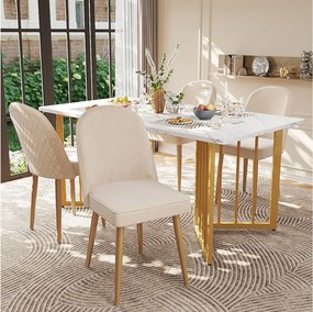 Zestaw 4 beżowych, welurowych krzeseł z wygiętymi oparciami i złotymi nogami – do jadalni i salonów