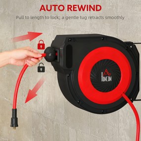 HOMCOM Bęben na wąż z mechanizmem zwijania, 16,5 m długi wąż, montaż ścienny, Czerwony+Czarny