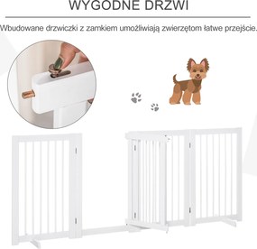 PawHut Bramka Zabezpieczająca dla Psów 4-elementowa, 220 x 91 cm Składana Bramka z Drzwiami, Wolnostojąca, z 2 Podpórkami, Ażurowa, Drewniana, na Korytarz, Kuchnię, Schody, Biała