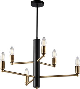 Lampa wisząca Isak z czarnego lakierowanego żelaza z wykończeniem z szczotkowanego mosiądzu, 6 świateł H.66 Ø53 BL311-6-NR