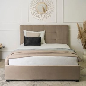 Łóżko Tapicerowane 140x200 cm ze Stelażem i Pojemnikiem Dwuosobowe TINGA Welurowe Beżowe Sypialniane