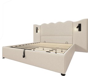 Łóżko tapicerowane dwuosobowe ze schowkiem - 180 x 200 cm - z lampką do czytania + portem USB + stelażem - aksamit - beż