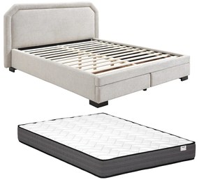 Łóżko z szufladami 160 x 200 cm - Tkanina - Beżowy + Materac - INASTO