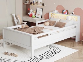 Łóżko z litego drewna 90×200 cm - z USB + Type-C - z nocną lampką LED - białe (bez materaca)