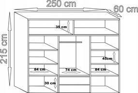 Szafa Przesuwna MARTINA 250 cm z Lustrem Szafa Trzydrzwiowa Dąb sonoma