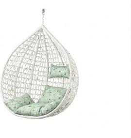 Białe wiszące krzesło KOKON bez stojaka, jasnozielona poduszka ze wzorem