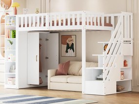 Łóżko na antresoli 90x200 cm - z półkami - z przegródkami i szafkami - z drabinką - biały (materac nie jest wliczony w cenę)