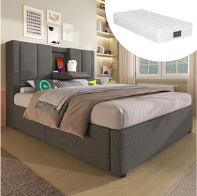 Łóżko tapicerowane z pojemnikiem na pościel - 90 x 200 cm - z ukrytym uchwytem na kubek i stacją ładującą - len - szare (z materacem)