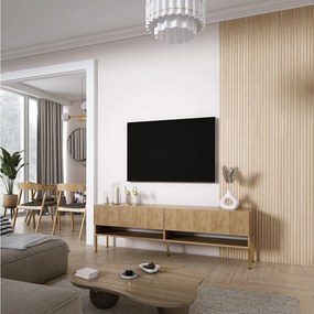 Szafka pod telewizor 170, fronty ryflowane, Dąb Craft, nóżki proste złote, 170 × 32 × 52 cm