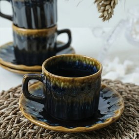 Zestaw 6 filiżanek z kamionki ze spodkami Elementa 185 ml, ciemnoniebieski