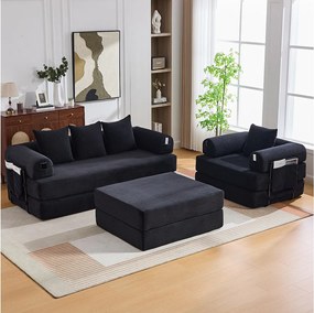 Modułowy zestaw wypoczynkowy 4-osobowy - 200 x 190 x 67 cm - z 4 poduszkami + 1 fotel - sztruks - czarny