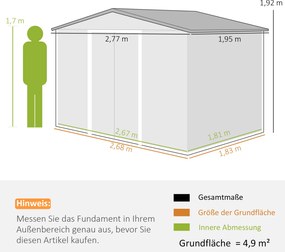 Outsunny Schowek na narzędzia z metalu z drzwiami przesuwnymi i oknami wentylacyjnymi, 277 x 195 x 192 cm, Szary