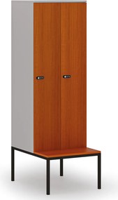 Drewniana szafa ubraniowa S4 z ławką, 2-drzwiowa, 1871 x 600 x 500/800 mm, demontaż, zamek mechaniczny z kodem, szary/czereśnia