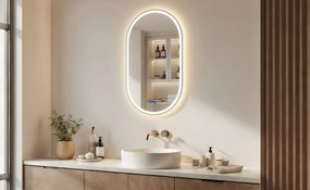 Owalne lustro podświetlane LED – 50x80/50x100 cm w srebrnej aluminiowej ramie