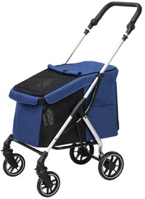 PawHut Wózek dla psów, lekki i składany transporter dla małych psów, zdejmowana poduszka, okna z siatki, Ciemnoniebieski