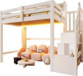 Łóżko na antresoli 90x200cm - z oświetleniem LED - z drabiną z pojemnikami - Biały​ (materac nie jest wliczony w cenę)