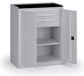 Szafa warsztatowa na narzędzia niska KOVOS, 1 półka, 3 szuflady, 950 x 600 x 1180 mm, szary