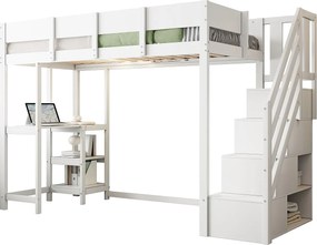 Łóżko antresolowe dziecięce 90×200 cm - z drabiną ze schowkiem - z biurkiem - białe (materac nie jest dołączony)