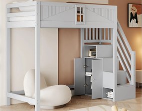 Łóżko na antresoli 90x200 cm - z bezpieczną drabiną z pojemnikami - z barierką bezpieczeństwa - szary (materac nie jest wliczony w cenę)
