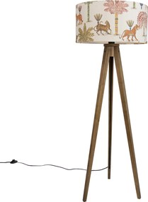 Drewniana lampa podłogowa z wielokolorowym kloszem w zwierzęcy wzór 50 cm - Tripod Classic