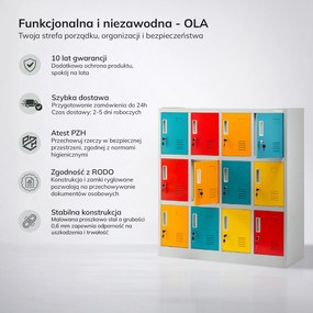 Socjalna szafa skrytkowa BHP do szkół i przedszkoli OLA, 1090 x 1200 x 450 mm, szaro-wielokolorowa