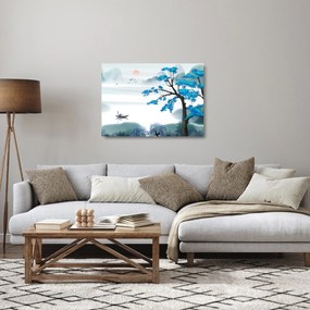 Obraz na szkle - Malowane jezioro z łódką (70x50 cm)