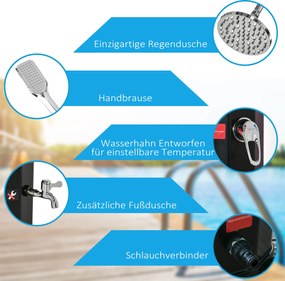 Outsunny Zasilany energią słoneczną prysznic na zewnątrz, prysznic solarny, czarny, 17,5 x 14,5 x 216 cm