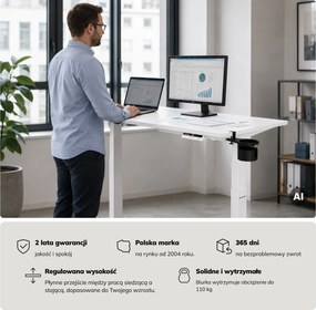 Biurko elektryczne z regulacją wysokości ergonomiczne białe,1200x600 mm: ARIA