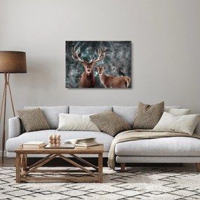 Obraz na szkle - Jeleń i łania w zaśnieżonym lesie (70x50 cm)