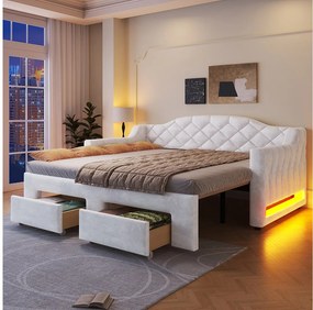 Tapicerowane łóżko dzienne z wysuwaną szufladą - 90/180 x 200 cm - z diodami LED + 2 szuflady - MDF - białe