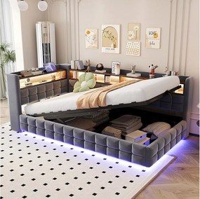 Łóżko dziecięce z pojemnikiem - 90 x 200 cm - sofa tapicerowana z funkcją spania, z hydraulicznym pojemnikiem + półka + diody LED - welur - szary