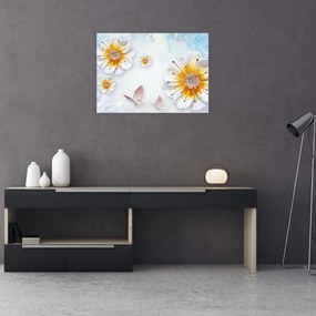 Obraz na szkle - Kompozycja z kwiatami i motylami (70x50 cm)