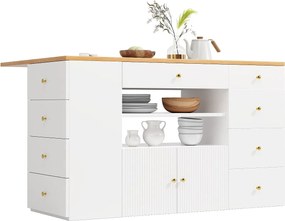 Wyspa kuchenna ze stołem składanym - 140 x 40/70 x 89 cm - ze stołkami + 6 szuflad + drzwi - MDF + metal - biała