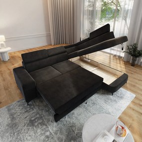 Masseno Narożnik ALVORO z funkcją spania i pojemnikiem na pościel Narozniki L, Rozkładana sofa - Czarny, MONOLITH 95