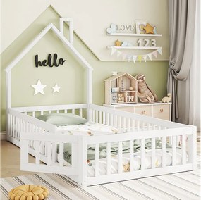 Łóżko dziecięce 90 x 200 cm z drewna sosnowego z barierkami i drzwiczkami, w komplecie stelaż listwowy, kolor biały