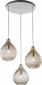 Lampa wisząca Diamante z białego żelaza i chromowanej ramy, regulowane kable, bursztynowe klosze z dmuchanego szkła z efektem kryształu, 3 światła