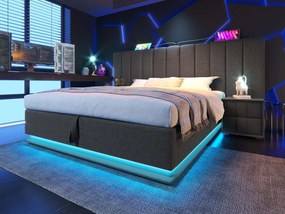 Łóżko tapicerowane z lnu 160×200cm - z LED i ładowaniem - z stelażem na listwach - Szare