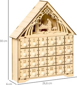 HOMCOM Kalendarz Adwentowy z Oświetleniem LED, 24 Szuflady, Scena Bożonarodzeniowa, 26,6x6x30 cm, Motyw Drewna