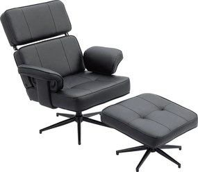 HOMCOM Regulowany fotel leżankowy z podnóżkiem, obicie z ekoskóry, regulowany zagłówek, metalowa podstawa, czarny