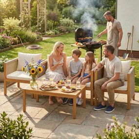 Outsunny Zestaw mebli ogrodowych z drewna dla 4 osób – kanapa, 2 fotele, stolik, dekoracja z lin, lamelowe wykończenie, zdejmowane poduszki | Aosom PL