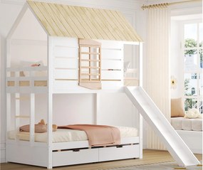Łóżko piętrowe dla dzieci 90x200 cm - ze zjeżdżalnią i 2 szufladami - białe + kolor naturalny (bez materaca)