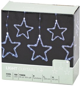 Kurtyna świetlna zewnętrzna Stars, 200 x 60 cm, LED, biała, timer, 8 funkcji, na baterie, 200 cm